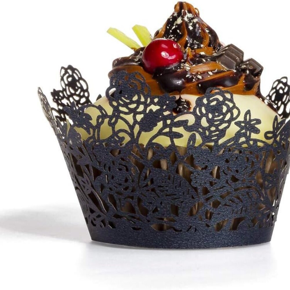 60pcs Black Rose Lace Cupcake Wrappers Holders, Laser Cut Cupcake Liners Decorat